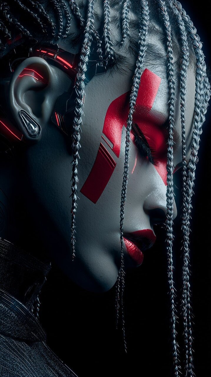 ✏  female cyborg with braided hair, neon elements on face, v