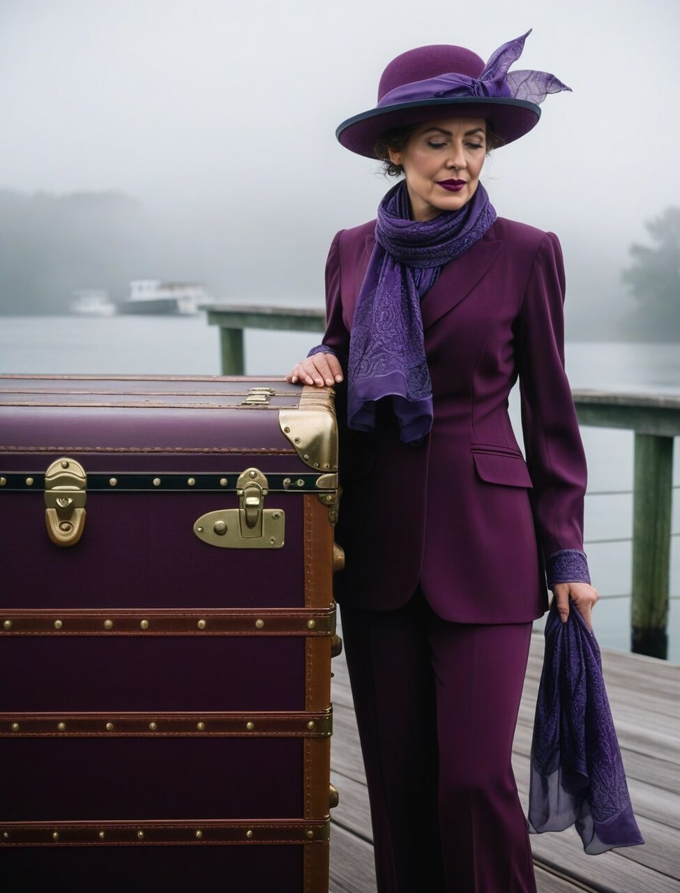 ✏  A lady standing in front of her steamer trunk, wearing a 