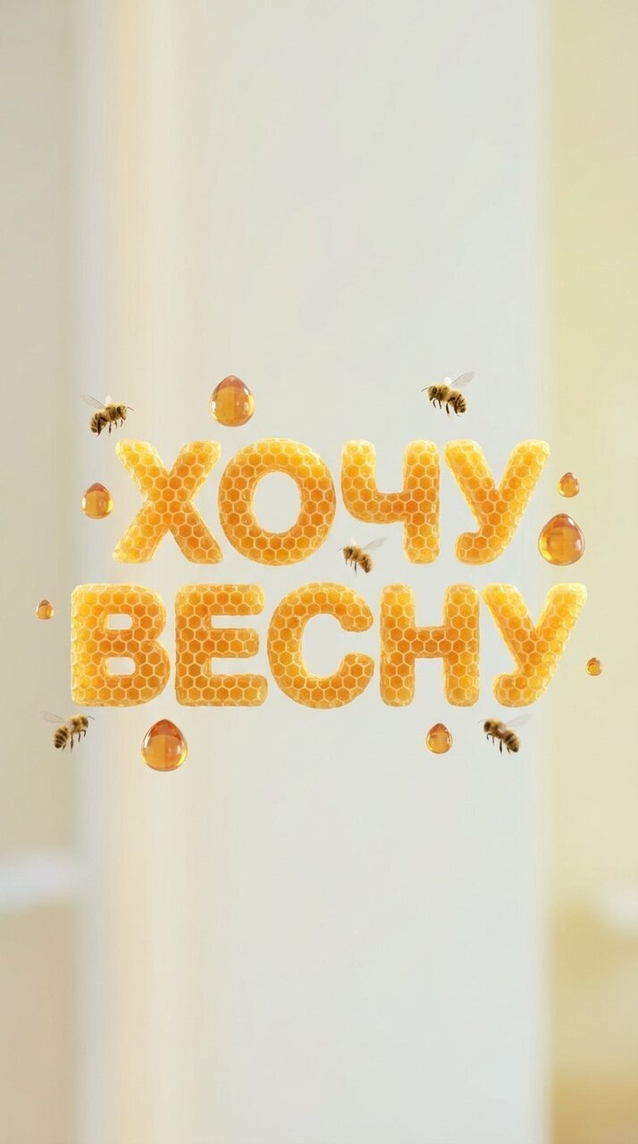 ✏  Create a 3D image of "хочу весну" formed by glimmering honeycomb, with drops of honey suspended i