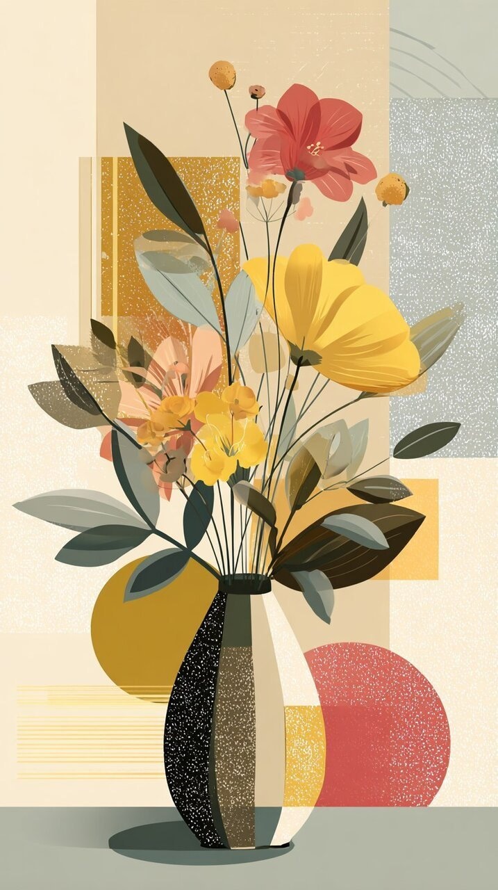 ✏  colorful abstract painting of a vase with diverse flowers