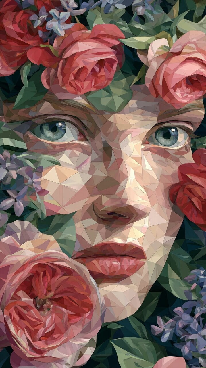 ✏  woman with closed eyes, hair transforms into bouquet of r