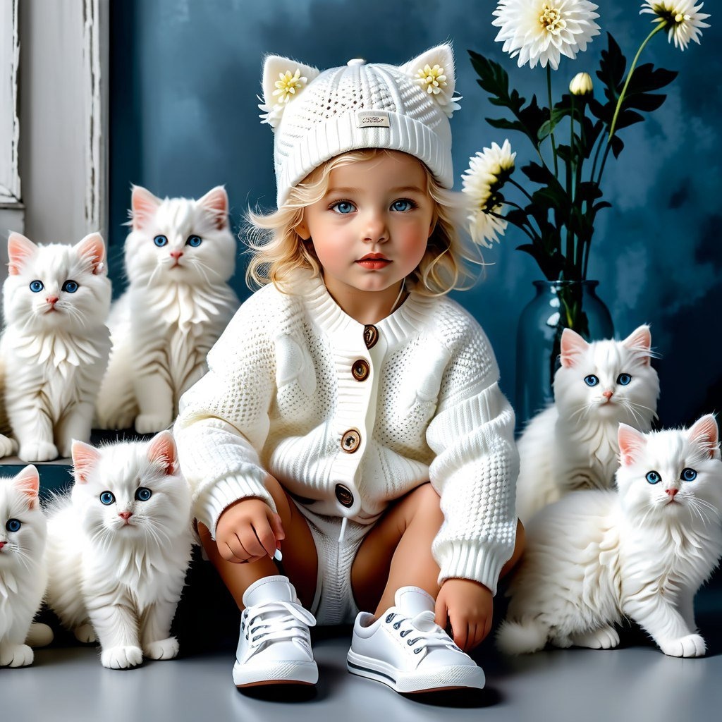 ✏  Красивая девочка с голубыми глазами, светлыми волнистыми волосами лет трех, в белом вязаном костю