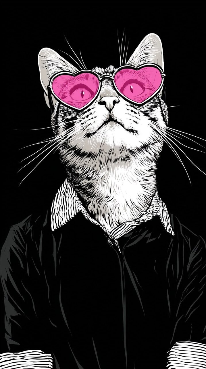✏  white cat wearing pink heart-shaped glasses, black and wh