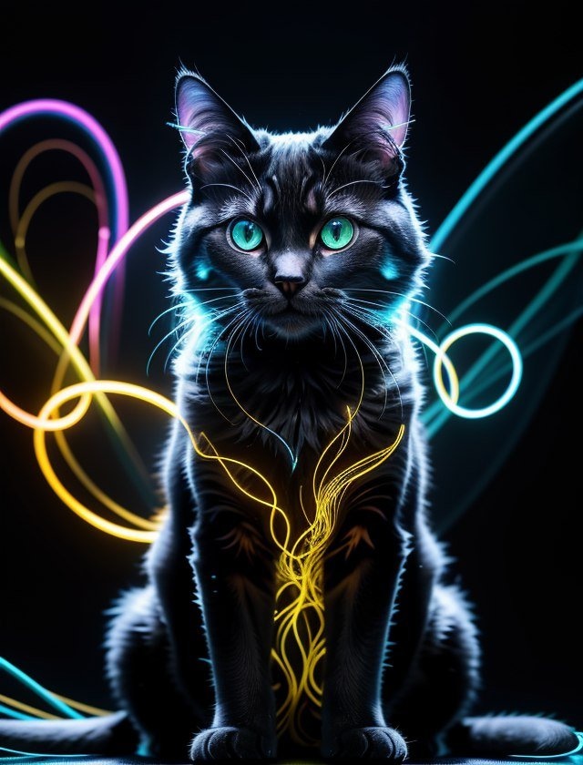✏  a cat with colorful lights sitting against a dark backgro