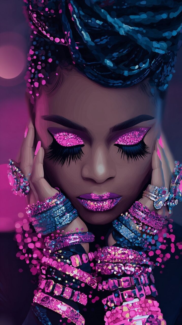 ✏  woman with intricate makeup, long black eyelashes, vibran