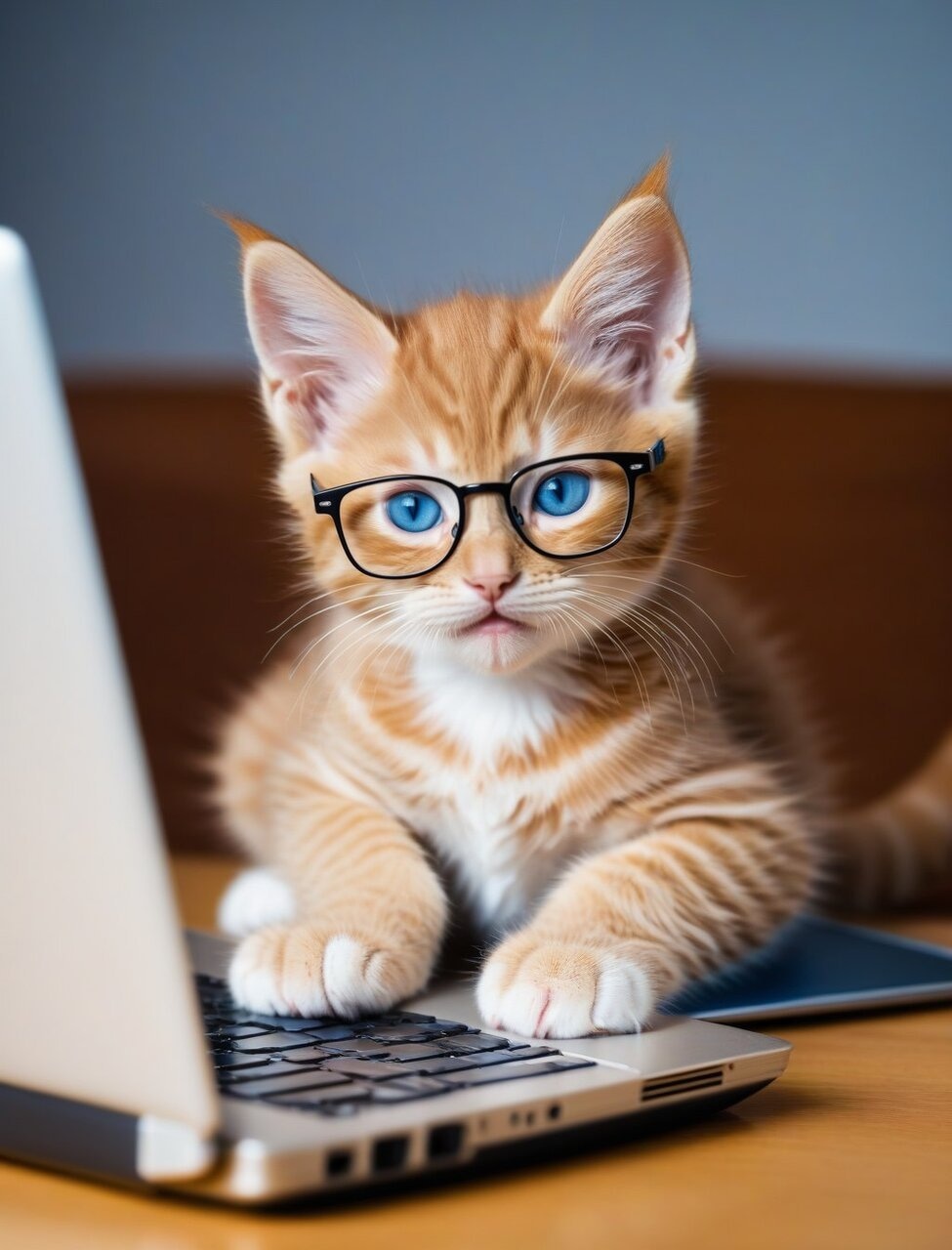 ✏  Cute ginger kitten with blue eyes and glasses, doing busi