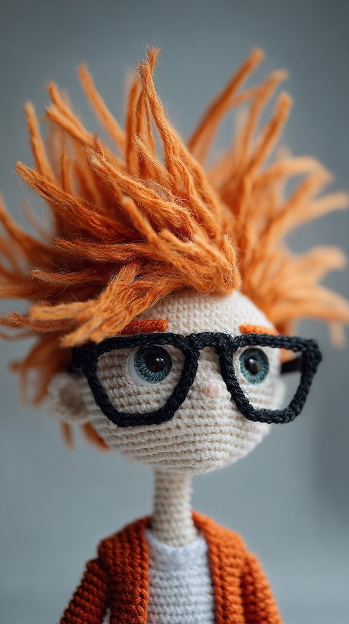 ✏  close-up of crocheted doll's face with spiky orange hair 