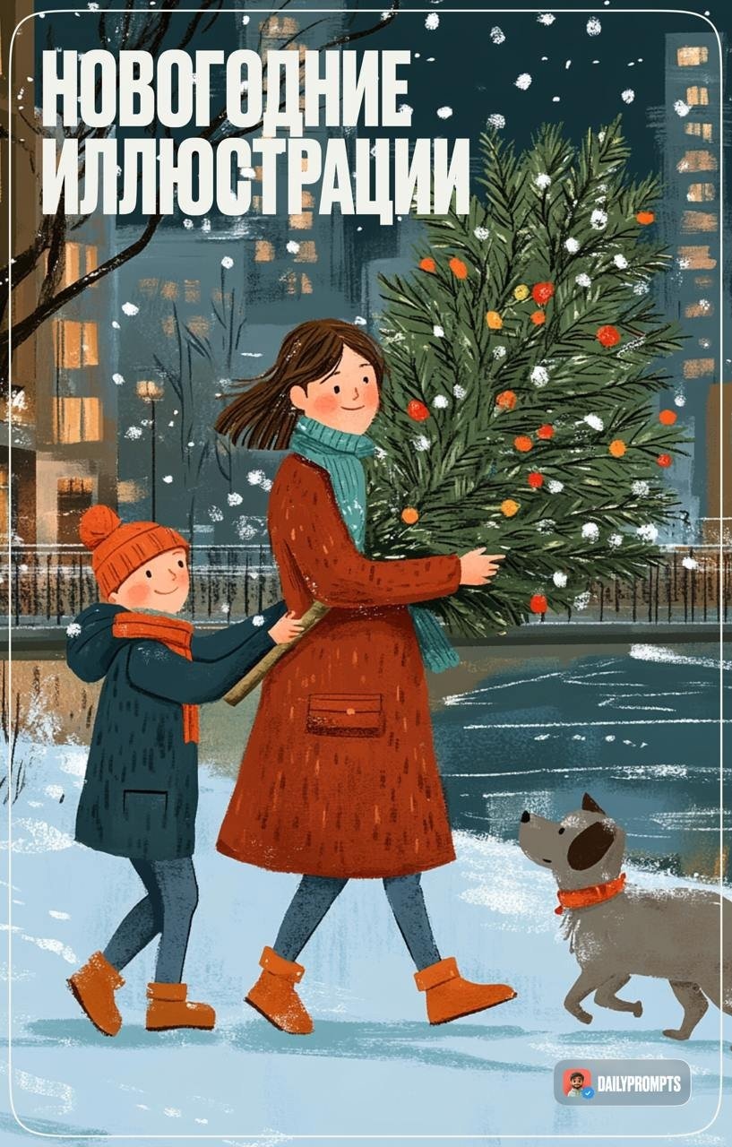 Новогодние иллюстрации в стиле детской книги с рождественской тематикой