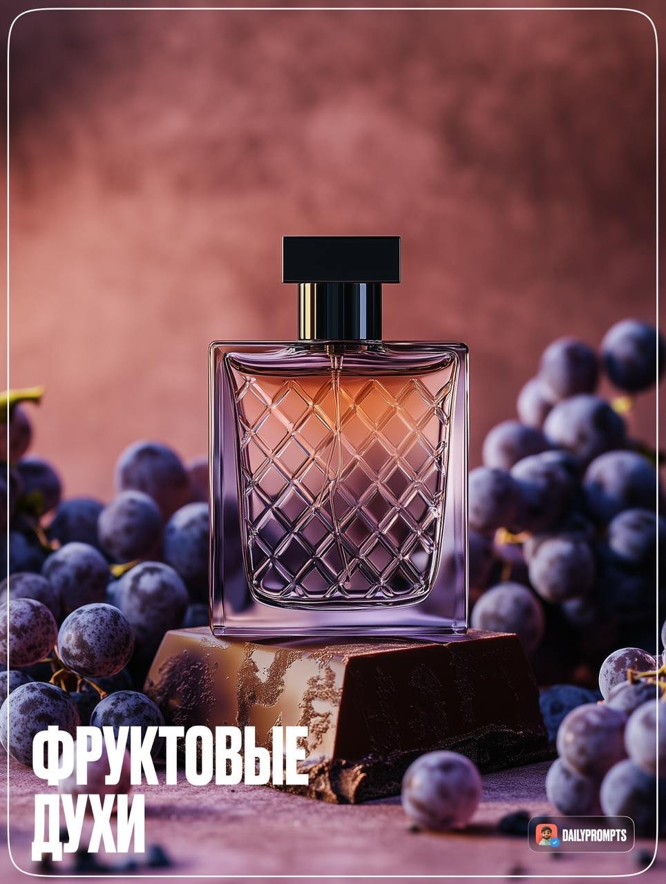 Прозрачный флакон духов на фруктовом фоне