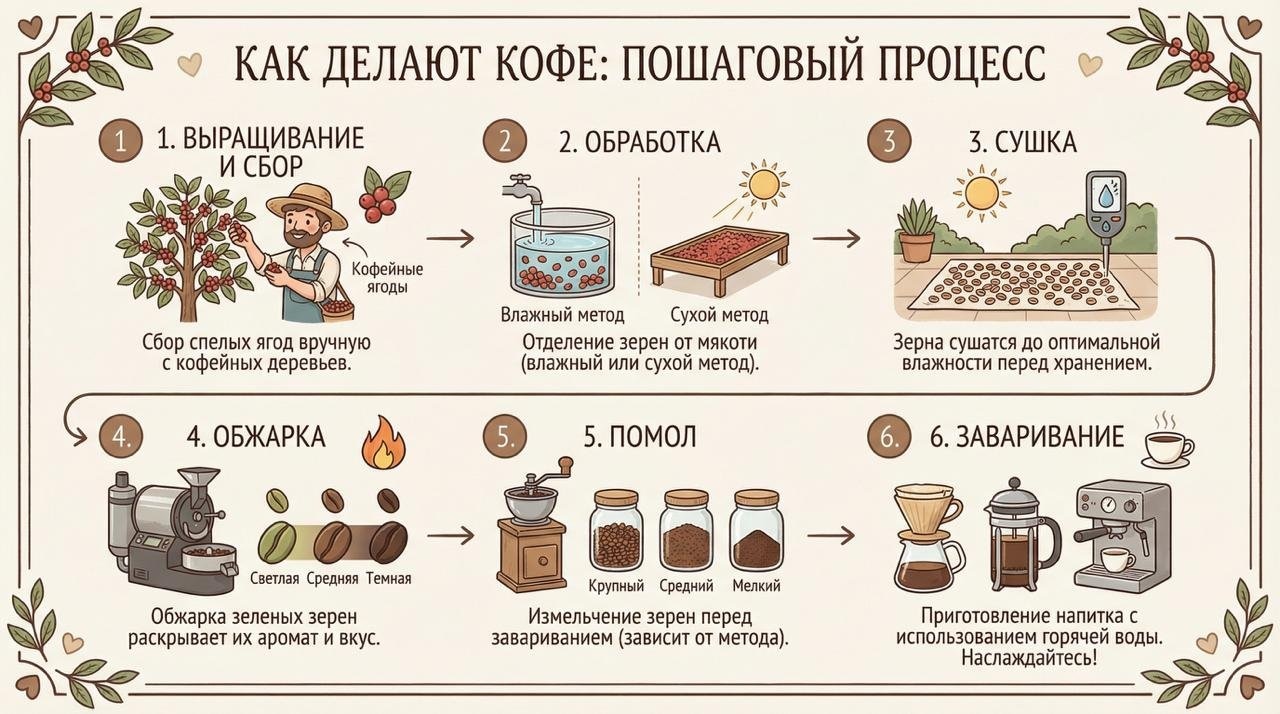 Как делают кофе: пошаговая иллюстрация