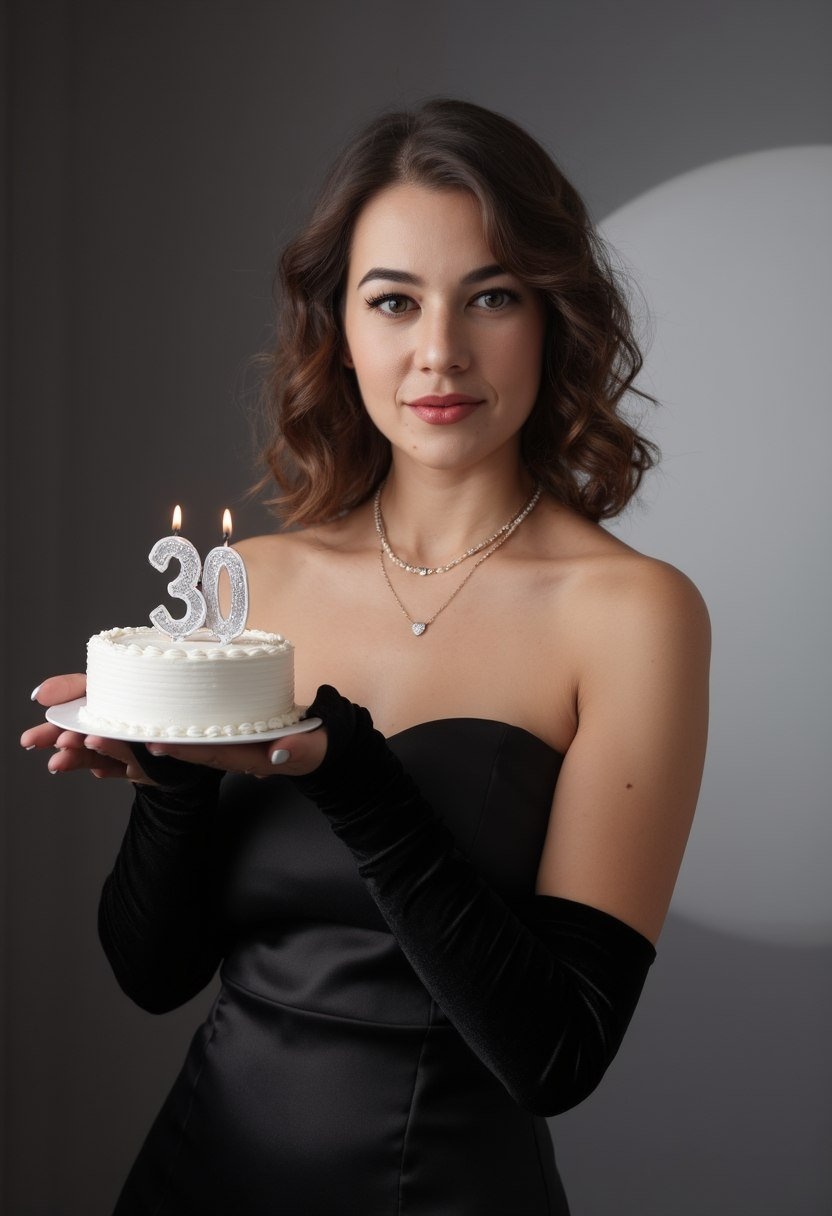 Женщина в черном платье с тортом на 30 лет