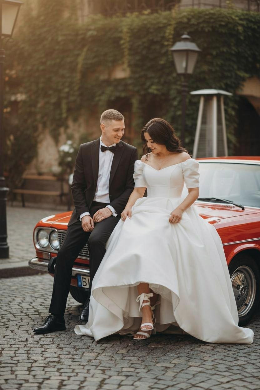 Свадебная фотосессия пары у ретро-авто, средний план