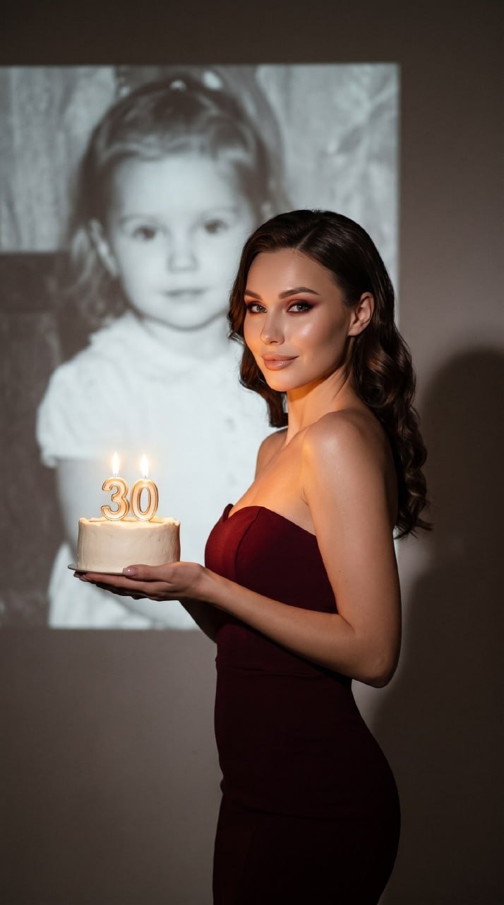 Фотореалистичный портрет женщины с детским фото и тортом
