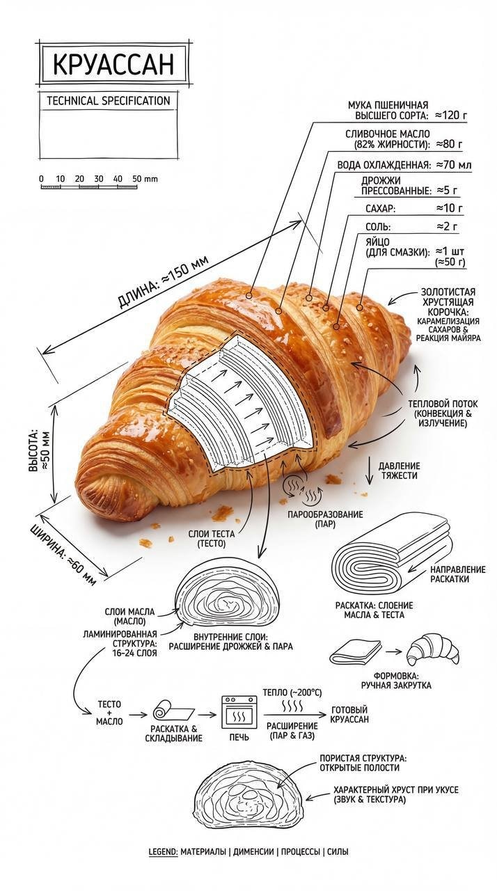 Create a high-quality infographic image of  Круассан combining a realistic photo
