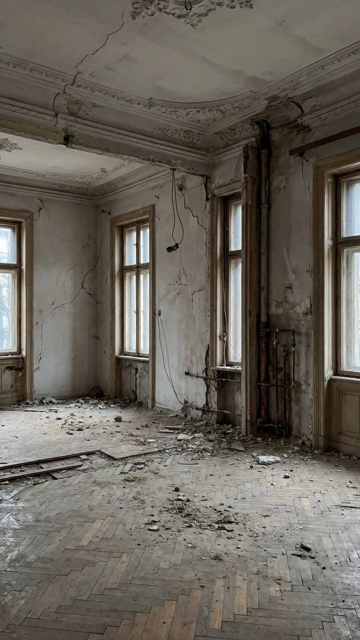 High ceilings, shabby walls with cracks and remnants of stucco. Worn parquet, mi
