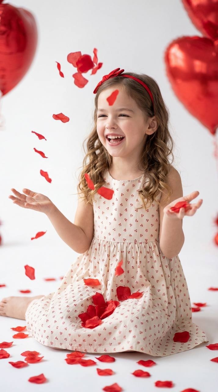 Realistic children’s studio photo shoot for Valentine’s Day.