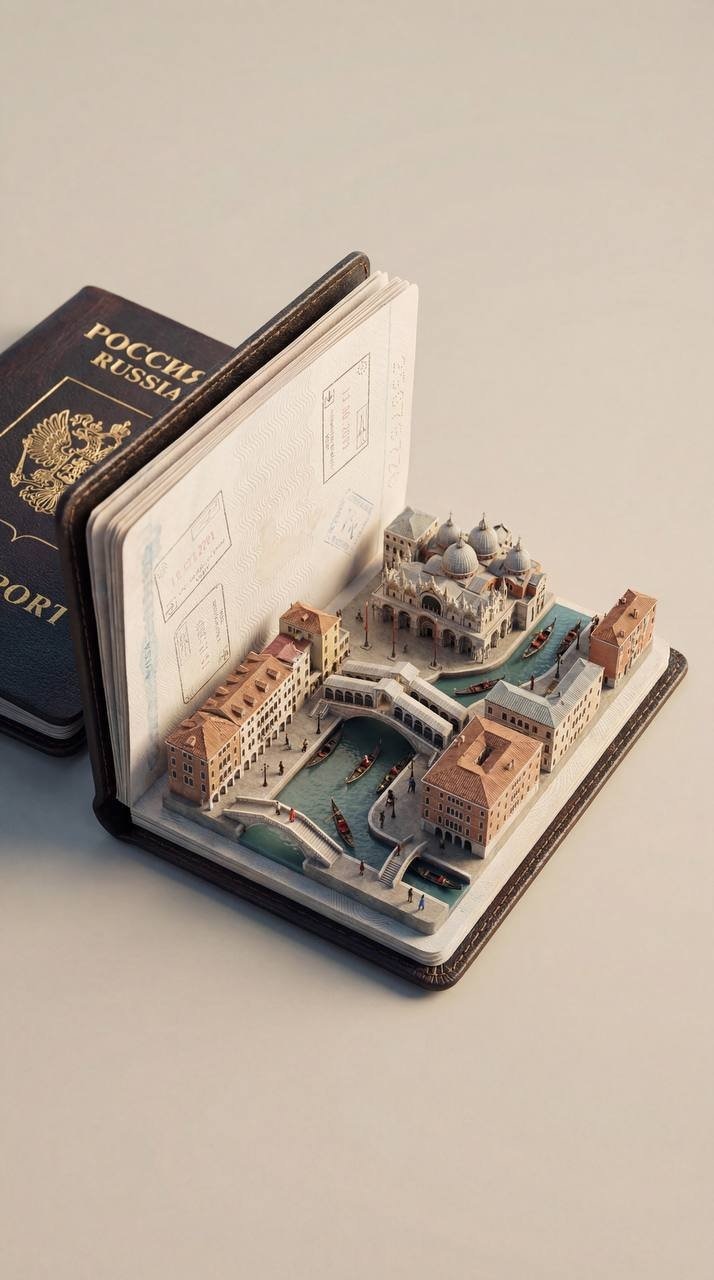 Hyperrealistic open foreign passport, placed on a clean studio surface, with gol