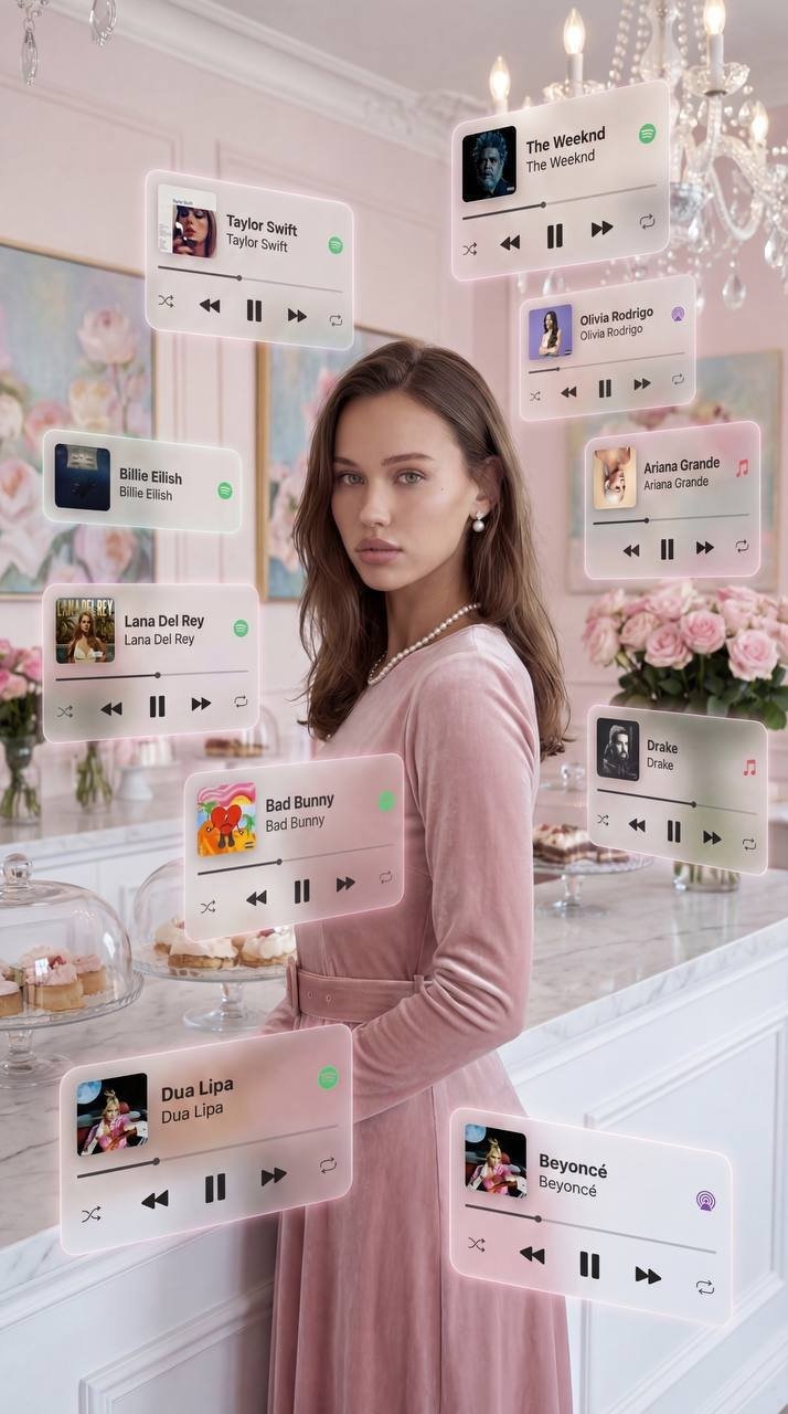 Cinematic AR-composition with a dream effect: Spotify player cards with tracks o