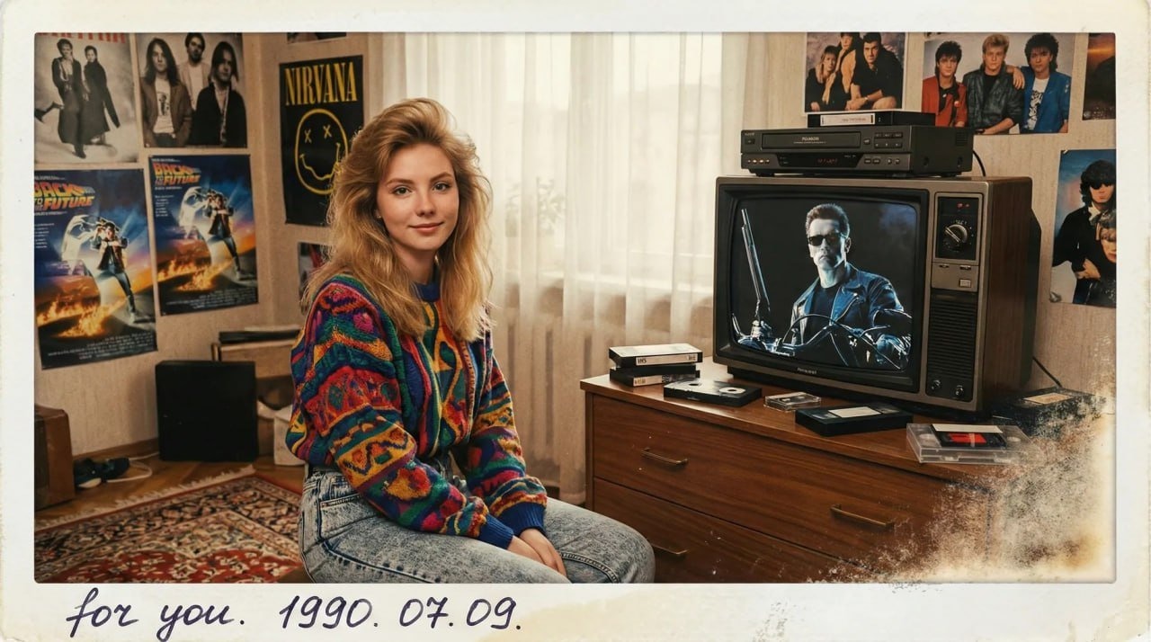 Полароид 1990-х с девушкой и VHS в комнате подростка