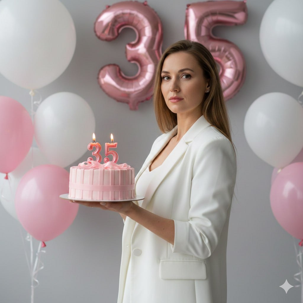 Женщина с тортом и шарами на 35-летие