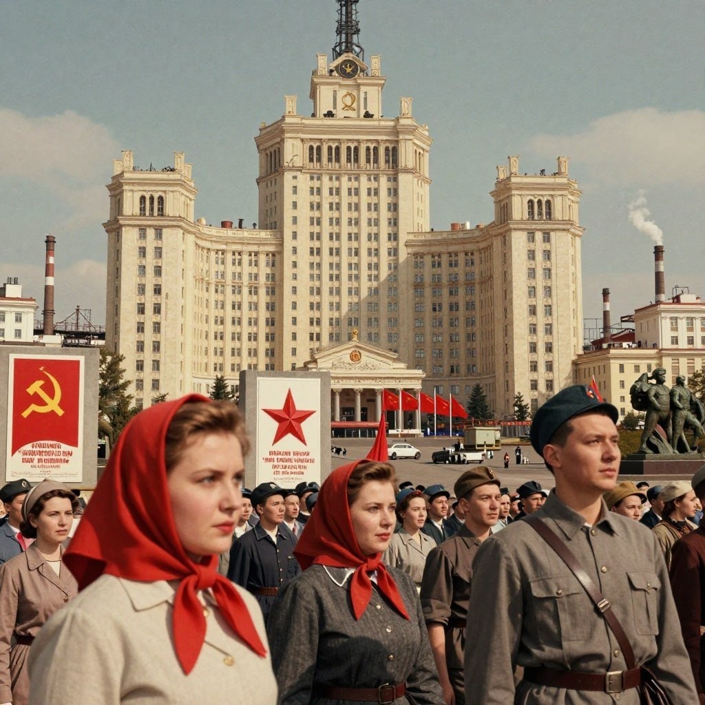 Митинг в советском стиле с архитектурой и людьми