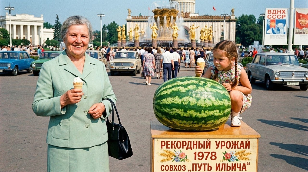 Бабушка и внучка продают арбуз на ВДНХ 1970-х