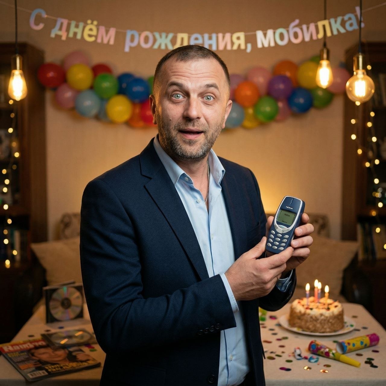 Мужчина с телефоном Nokia на домашней вечеринке