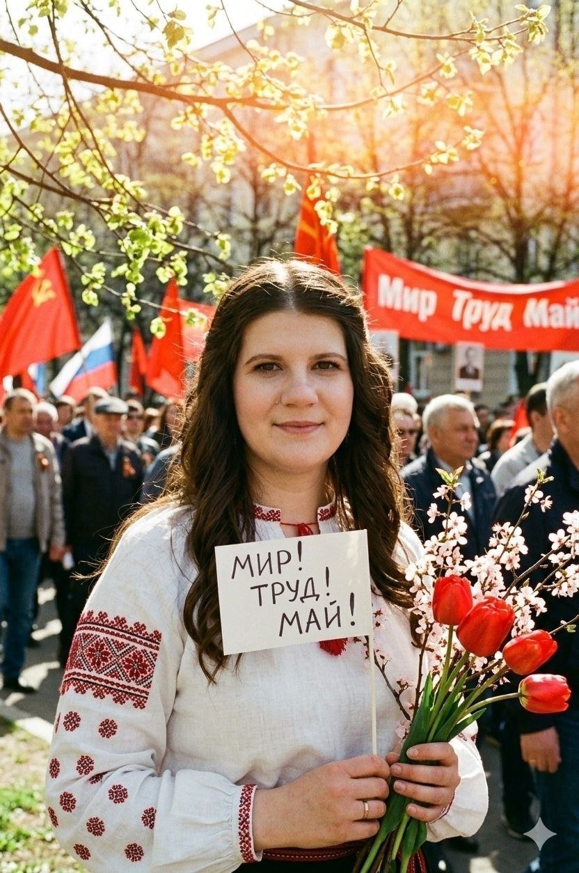 Девушка на демонстрации 1 мая с транспарантом и тюльпанами