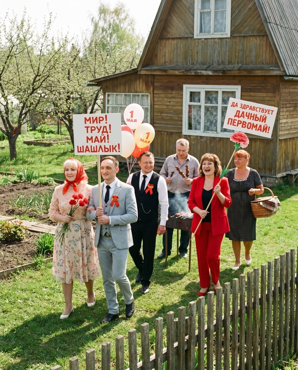 Фотореалистичная сцена дачного Первомая с шашлыком