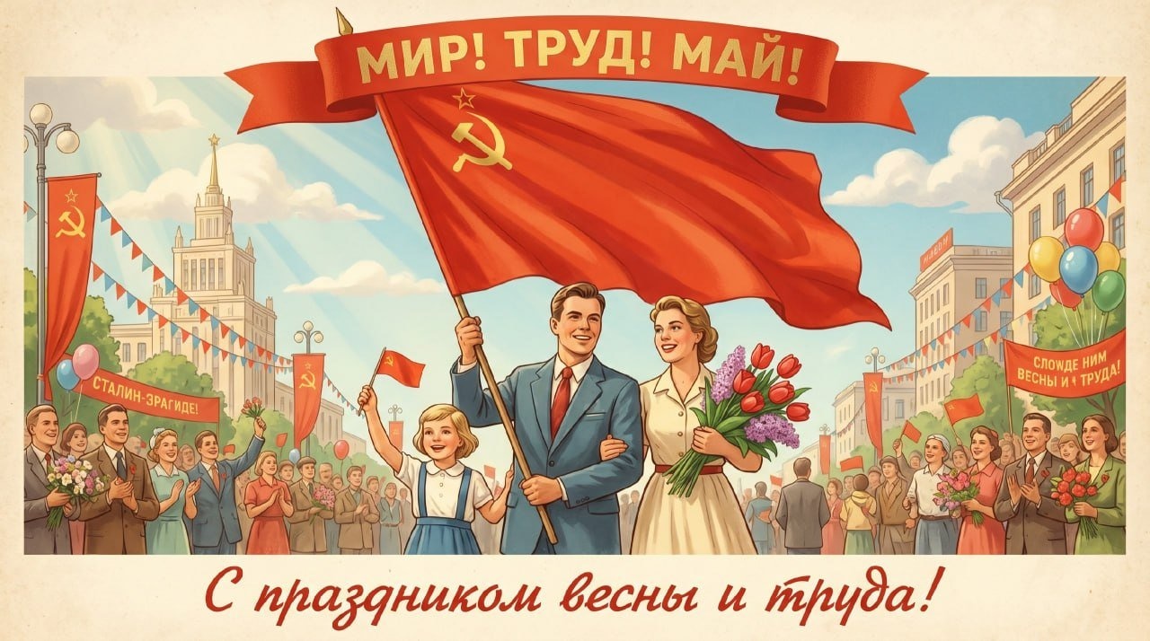Семья на первомайской демонстрации в советском стиле