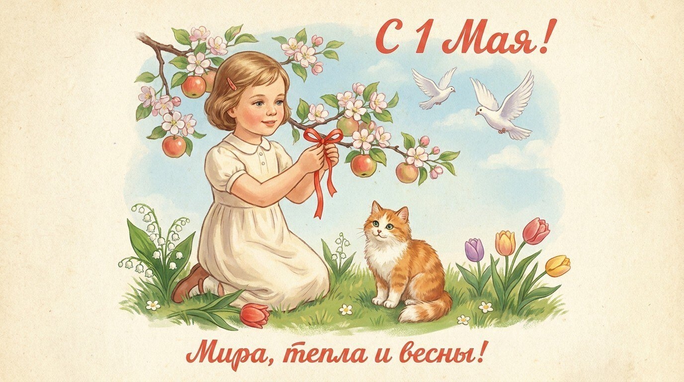 Девочка в яблоневом саду на советской открытке к 1 мая