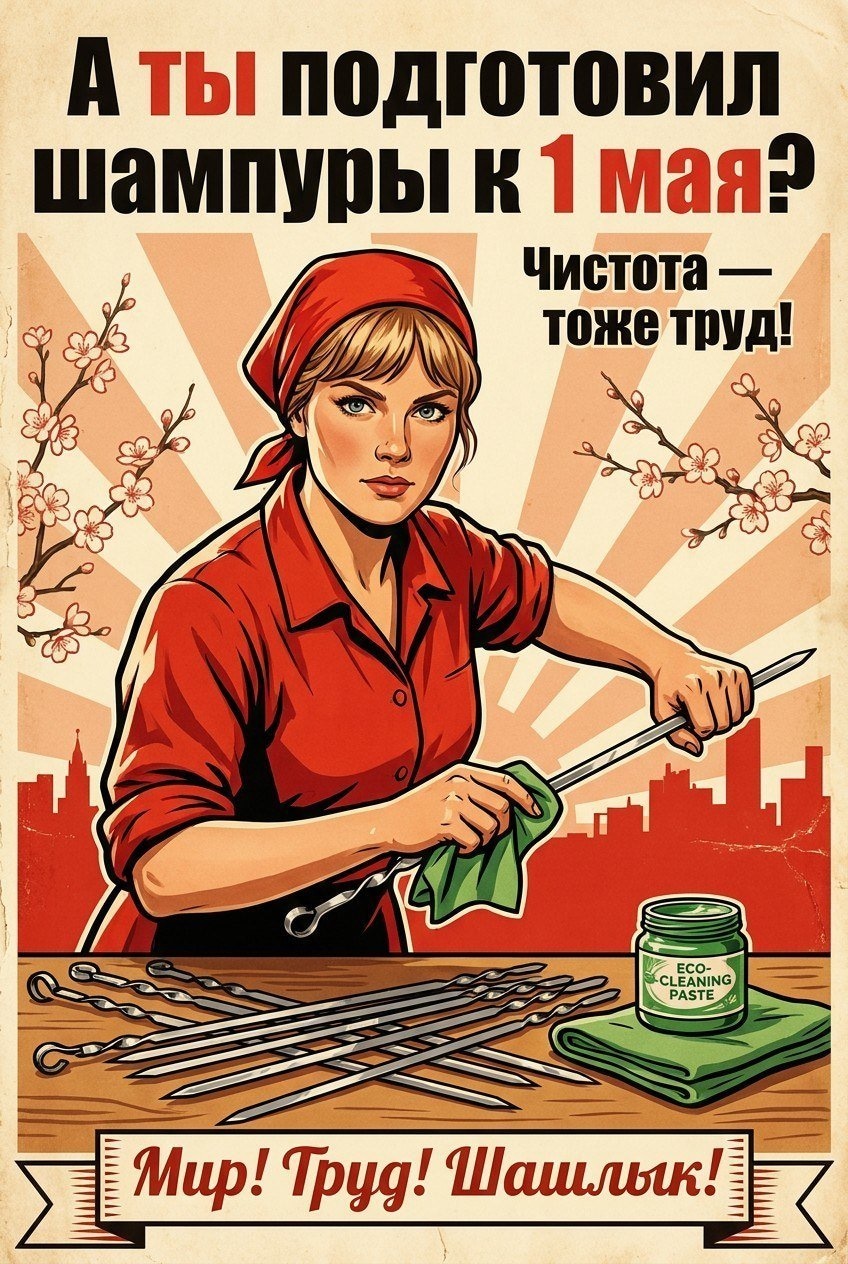 Агитационный плакат с девушкой и шампурами к 1 мая
