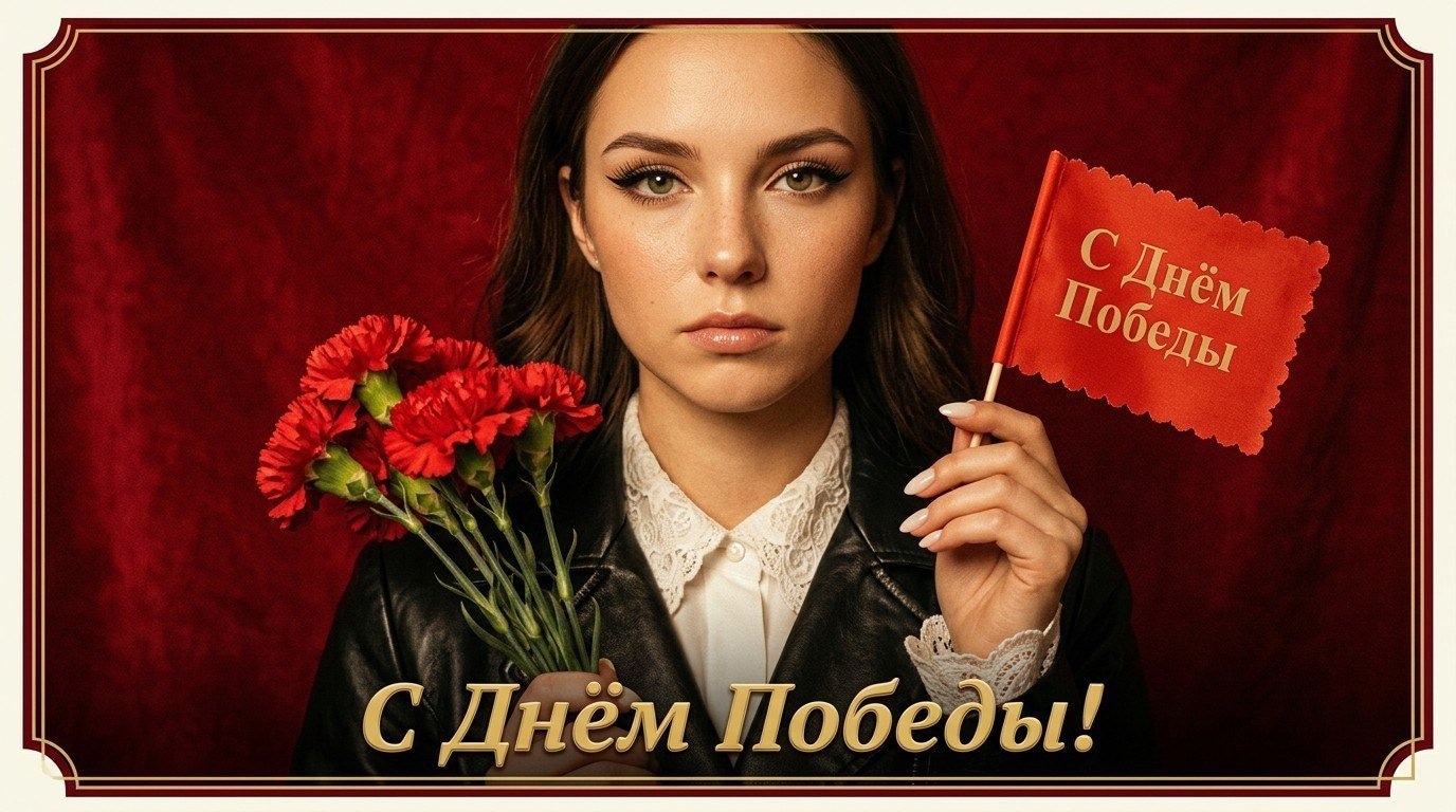 Винтажная открытка с девушкой и гвоздиками на 9 мая