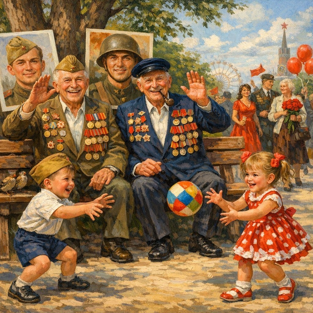 Живопись ветеранов в парке с детьми на 9 Мая