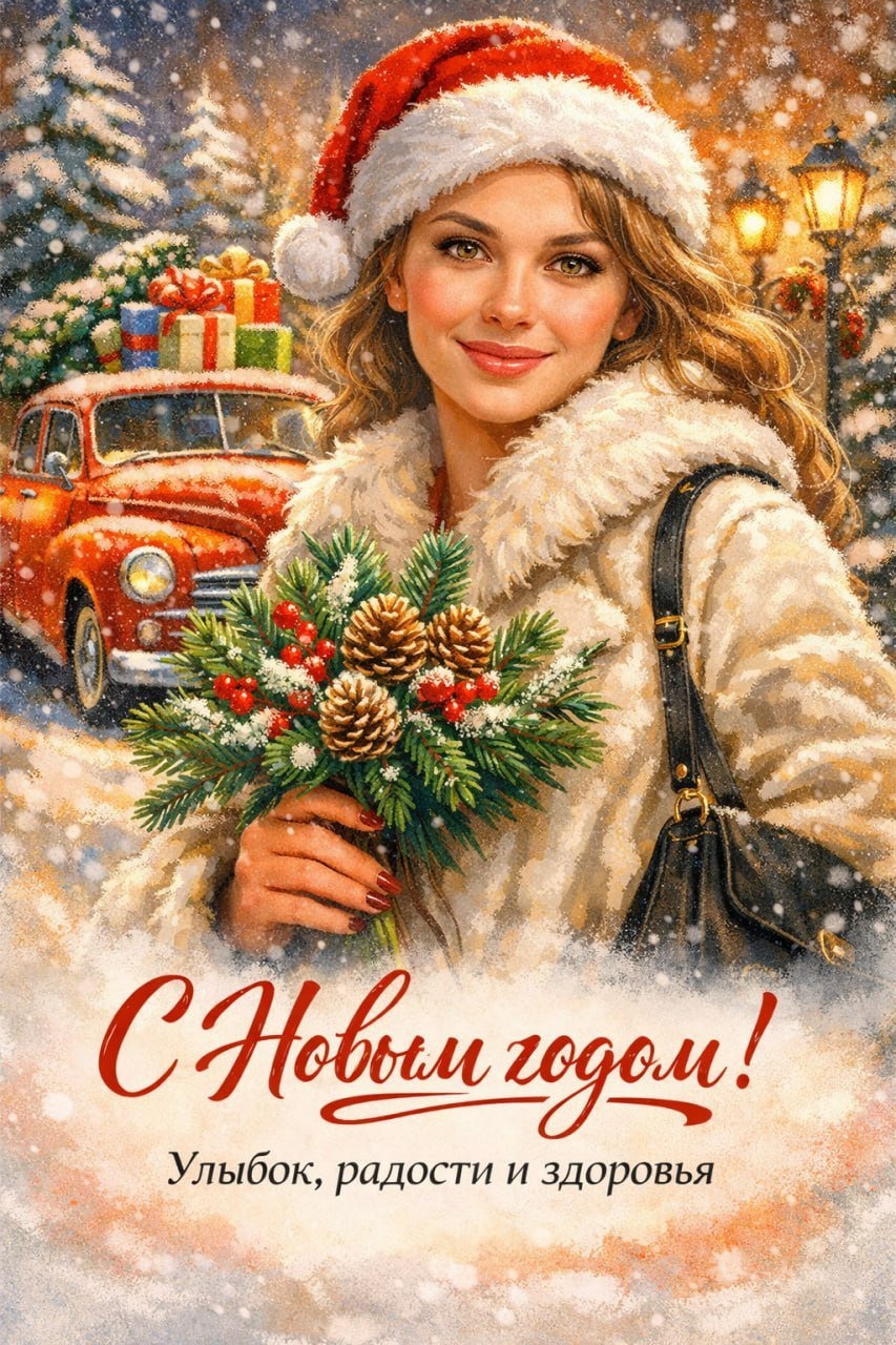 Гламурная новогодняя открытка с девушкой в ретро стиле