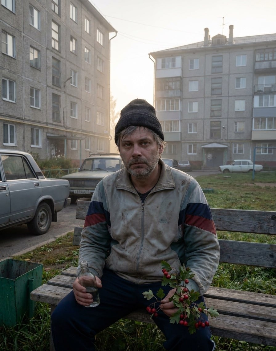 Раннее утро во дворе с мужчиной и чекушкой