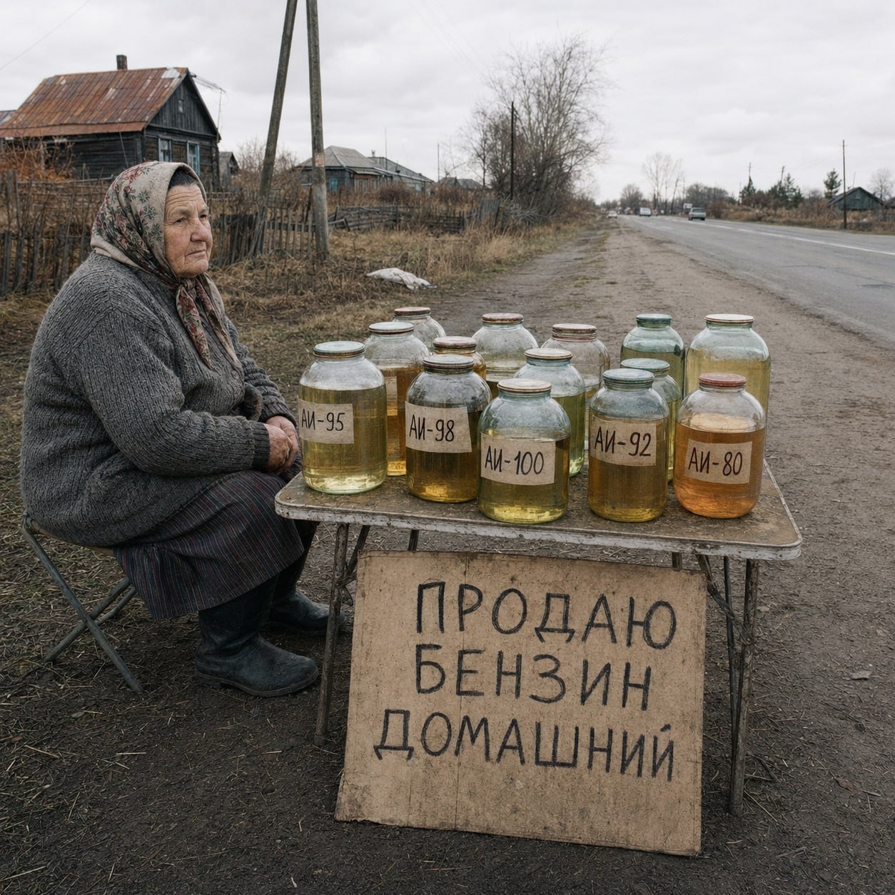 Сельская бабушка продает домашний бензин