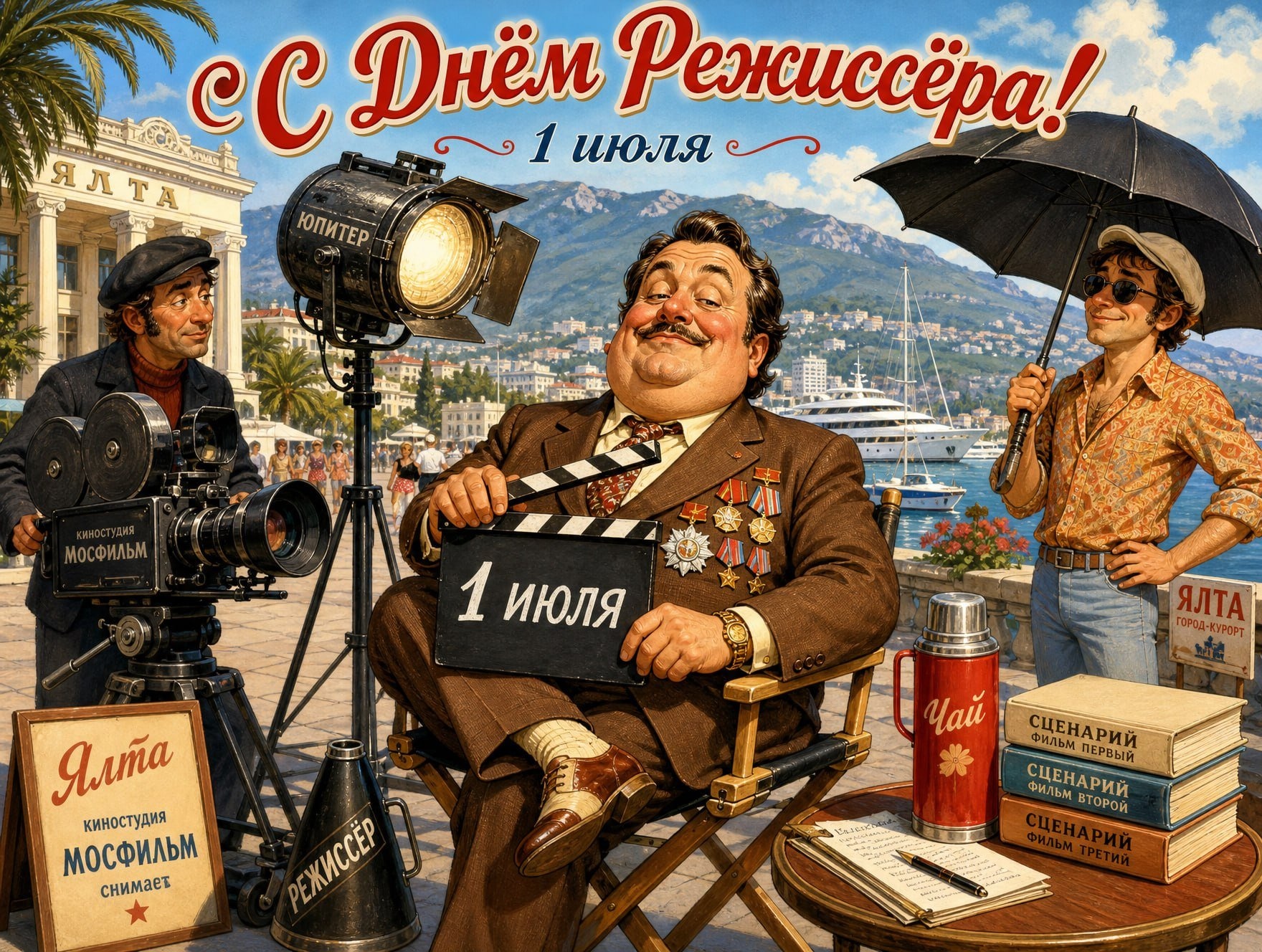 Открытка ко Дню режиссёра в стиле 1970-х