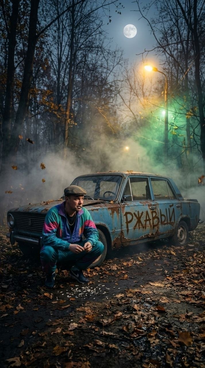 Ржавый ВАЗ-2101 в осеннем лесу ночью