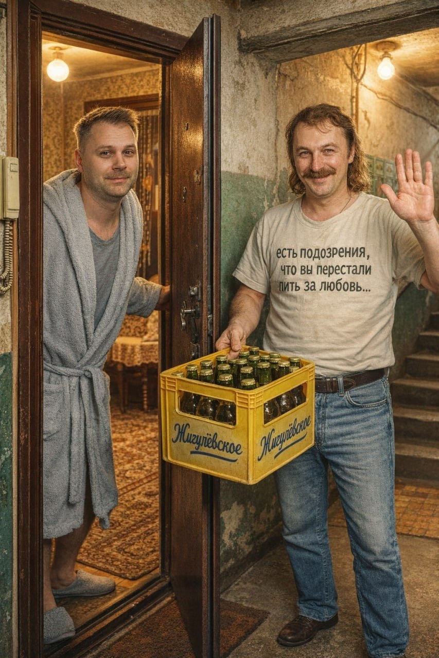 Советская бытовая сцена с гостем и пивом в подъезде