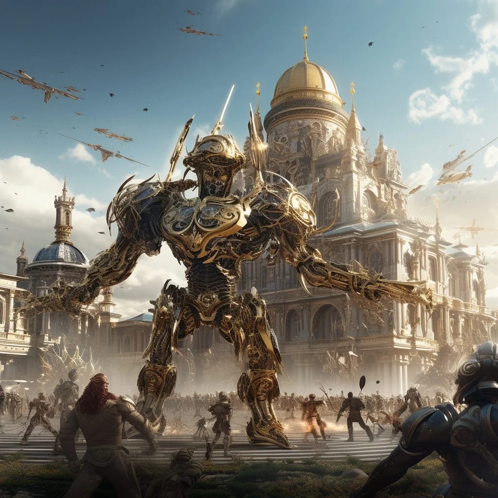 Промпт боя роботов в стиле барокко