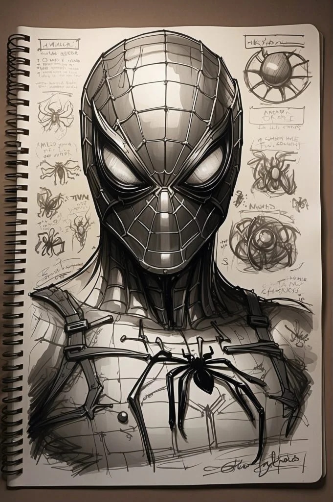 Промпт человека пaука в чб, ручной рисунок в тетради