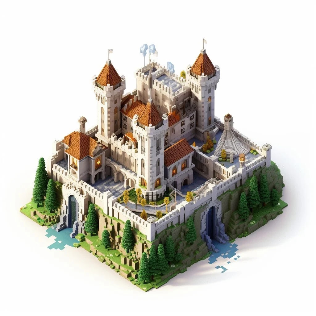 Промпт изометрический пиксель арт в виде замка в стиле Minecraft