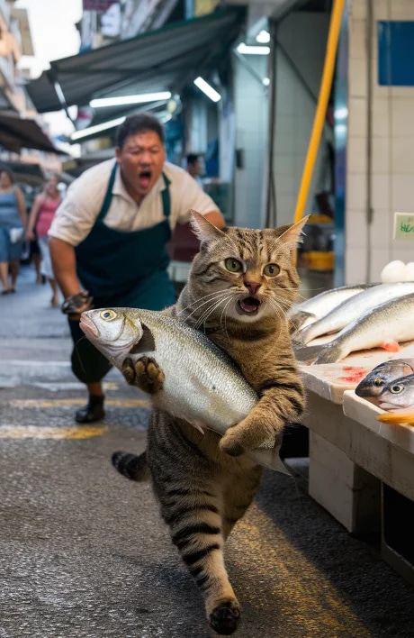 Промпт кот украл рыбу и убегает с ней