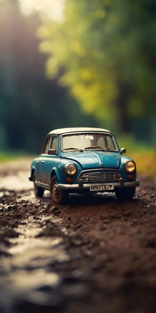 Промпт крошечный ретро-авто, макросъемка, крупный план,