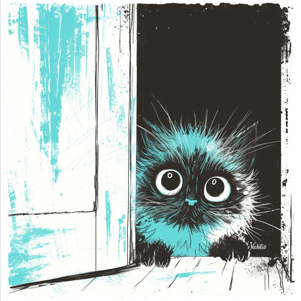 Промпт маленький пушистый счастливый кот первым входит в новую квартиру