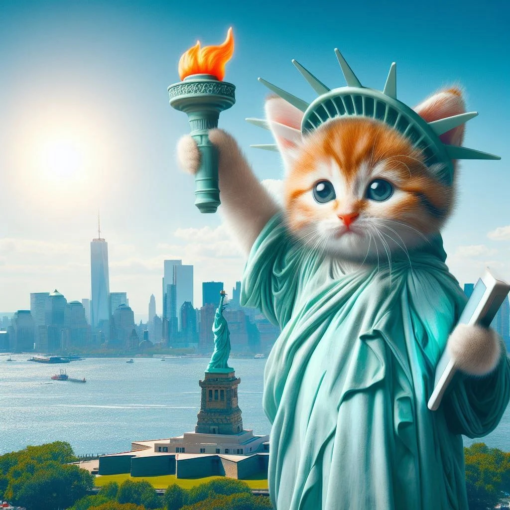 Промпт милый котенок, стилизованный под статую Свободы