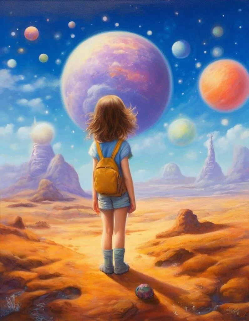 Промпт робот ищет приключения, нежная живопись, мультяшный пейзаж