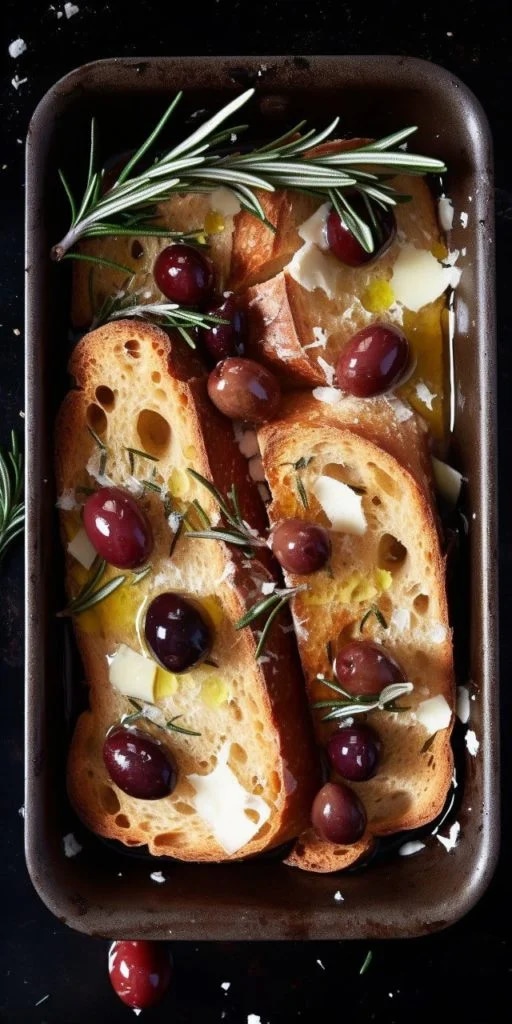 Промпт сковорода с ломтиками хлеба с оливками