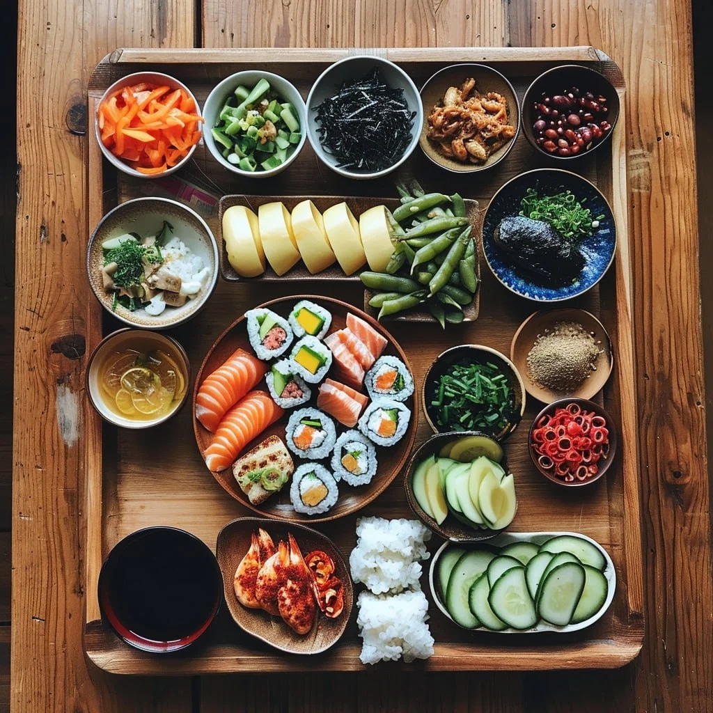 Промпт суши в деревянной коробке